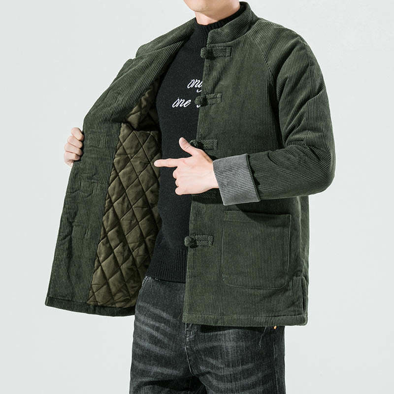 Frog-Button Chinese Tang Suit Stand Collar Long Shirt Corduroy Men Cotton Jacket Clothing