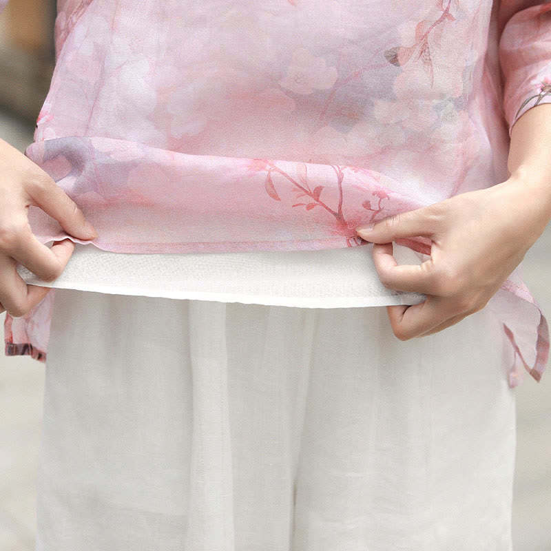V-Neck Pink Flower Pattern Ramie Linen Blouse Three Quarter Sleeve Shirt Top
