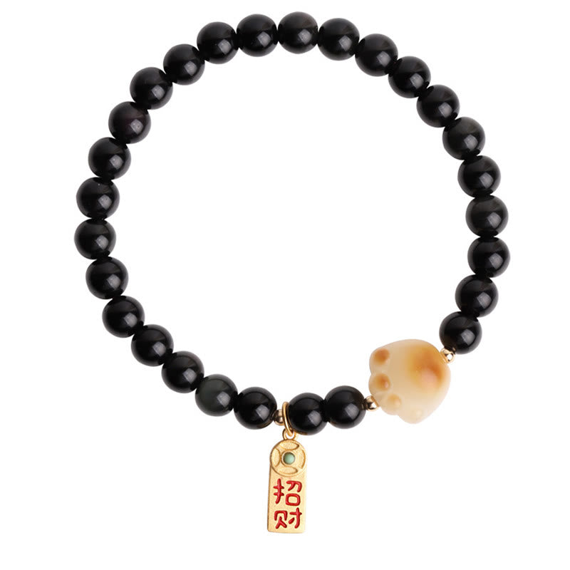 Black Obsidian Cat Paw Bodhi Seed Lucky Fortune Charm Purification Bracelet