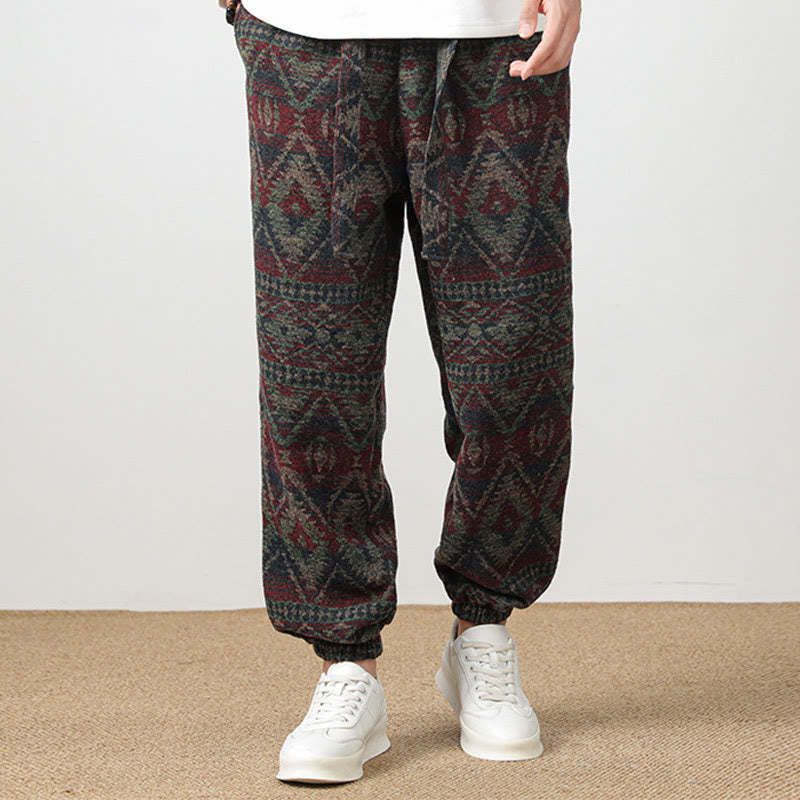 Ethnic Jacquard Knitting Drawstring Men's Pants With Pockets