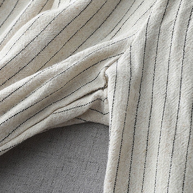 Vertical Striped Cotton Linen High Waist Wide Leg Pants With Pockets