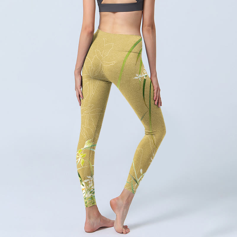 Yellow Orchid Flowers Weeping Leaves Print Gym Leggings Women's Yoga Pants
