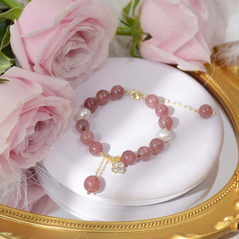 Natural Strawberry Quartz Pearl Four Leaf Clover Love Bracelet