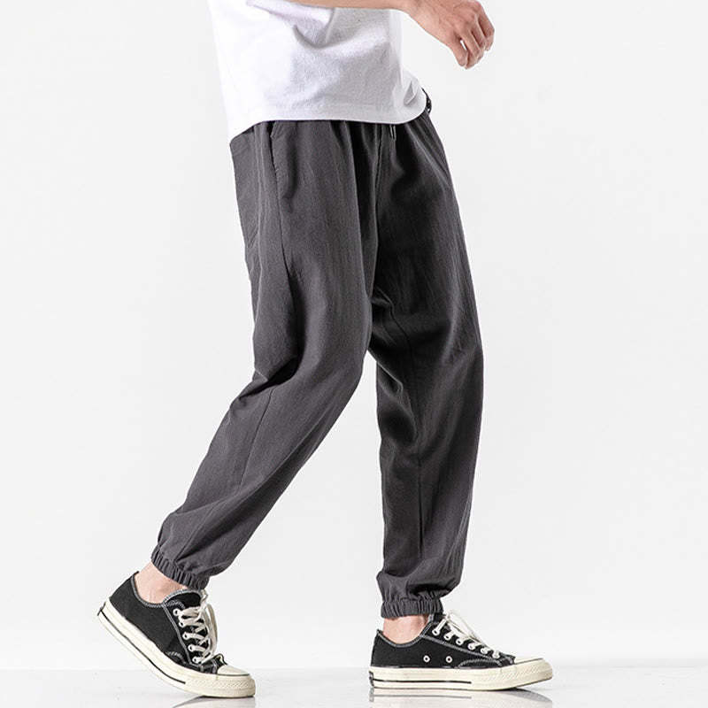 Solid Color Drawstring Cotton Men's Pants With Pockets