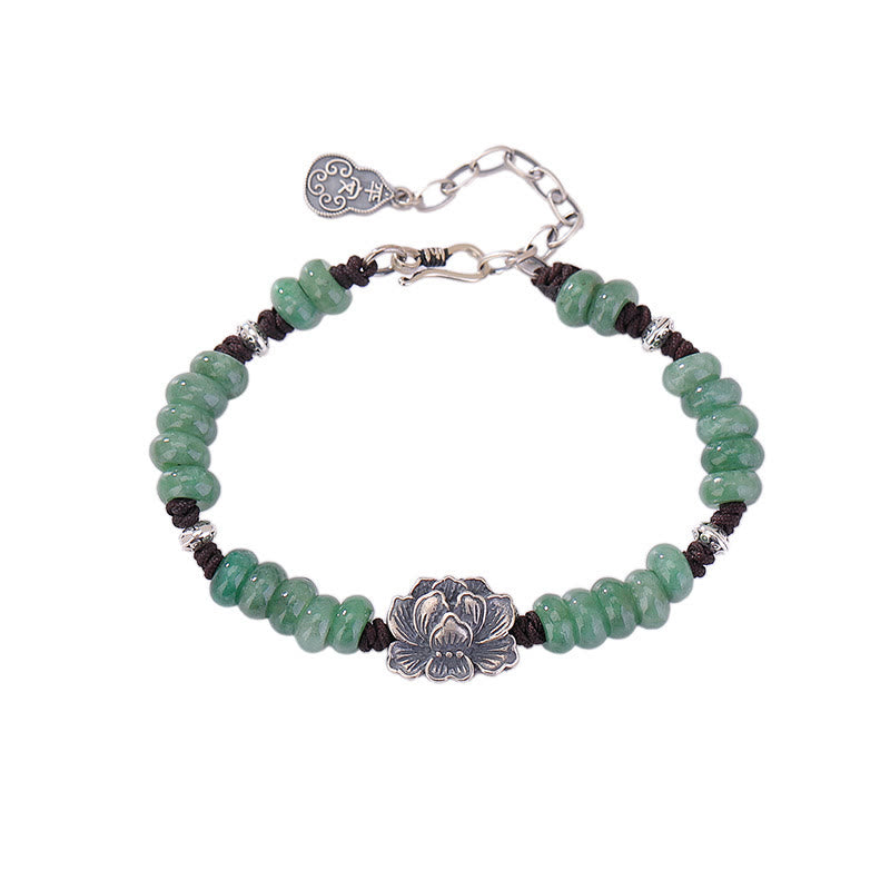 925 Sterling Silver Natural Jade Lotus Luck Peace And Joy Bracelet