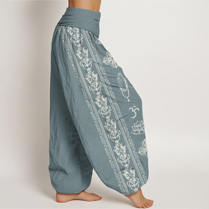 Lotus Flowers Double Dorje Vajra Namaste Om Design Women's Elastic Waist Harem Pants