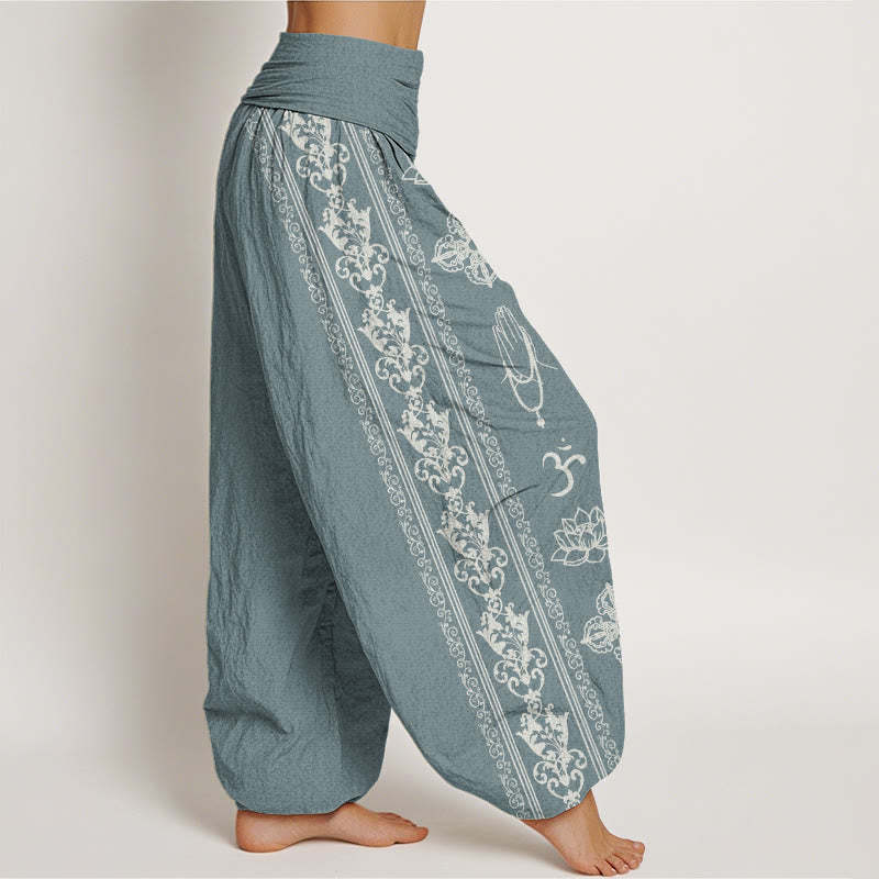 Lotus Flowers Double Dorje Vajra Namaste Om Design Women's Elastic Waist Harem Pants