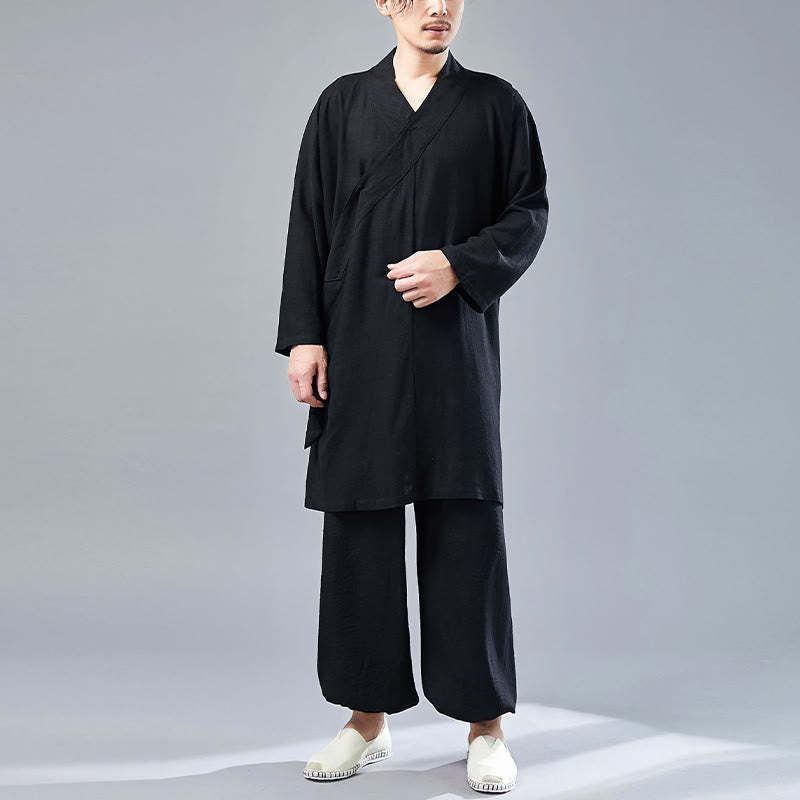 2Pcs V-Neck Men's Long Sleeve Shirt Top Pants Meditation Zen Tai Chi Cotton Linen Clothing Set