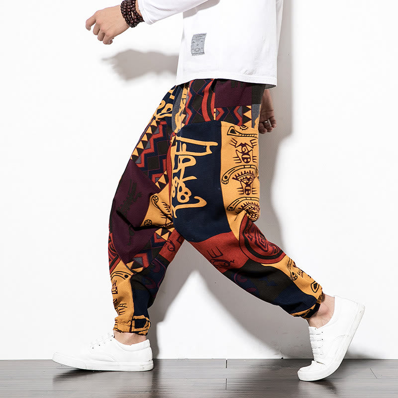 Red Brown Graffiti Bird Print Cotton Men's Harem Pants With Pockets
