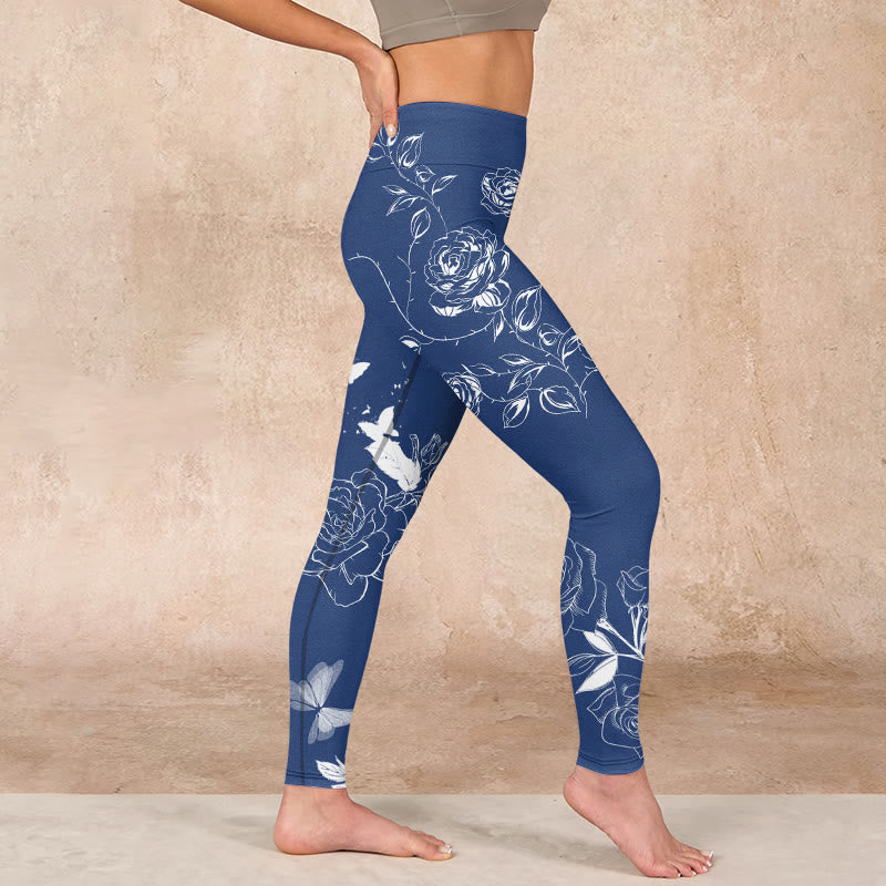Blue Rose Butterfly Print Sports Leggings Women's Yoga Pants