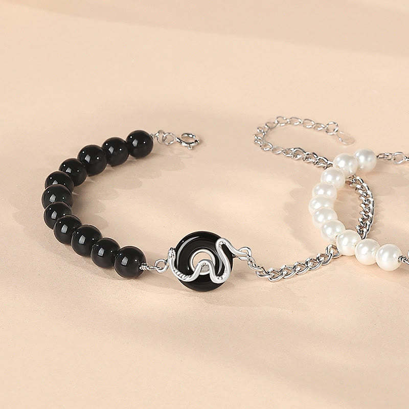 Black Obsidian Black Onyx Chalcedony Peace Buckle 925 Sterling Silver Year Of The Snake Pearl Purification Couple's Bracelet