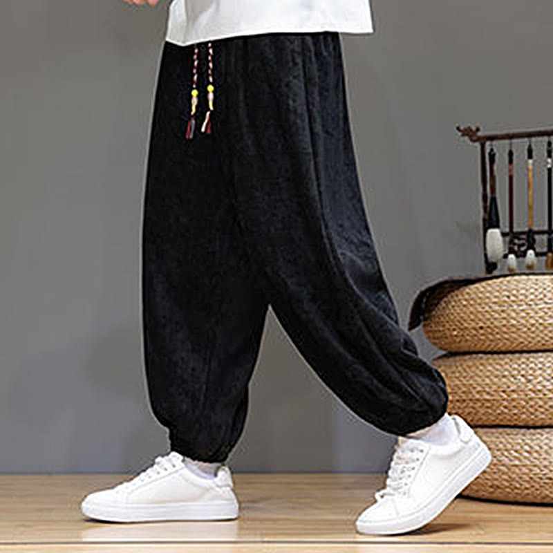 Fall Winter Men's Drawstring Chenille Harem Pants With Pockets