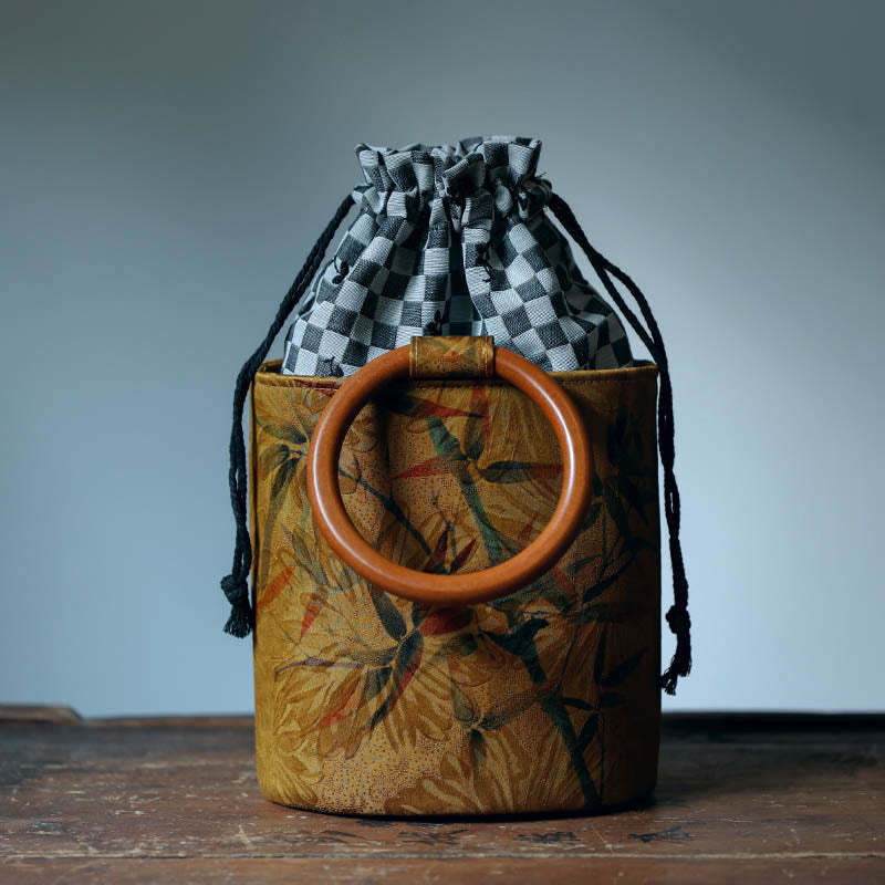 Bamboo Leaf Butterfly Cherry Blossom Persimmon Wood Handle Handbag