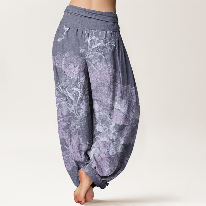 Flowers Lush Leaves Pattern Women's Elastic Waist Harem Pants