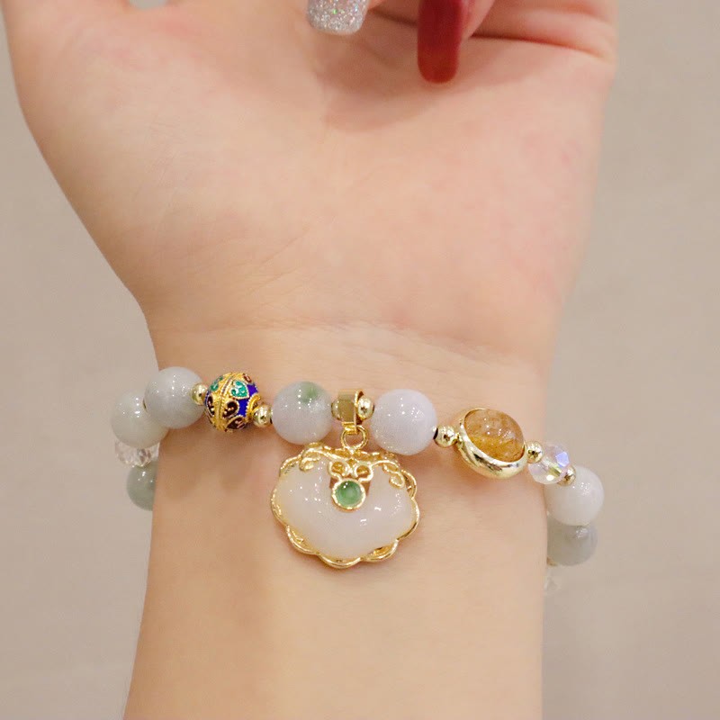 Strawberry Quartz Green Crystal Amethyst Healing Chinese Lock Charm Bracelet
