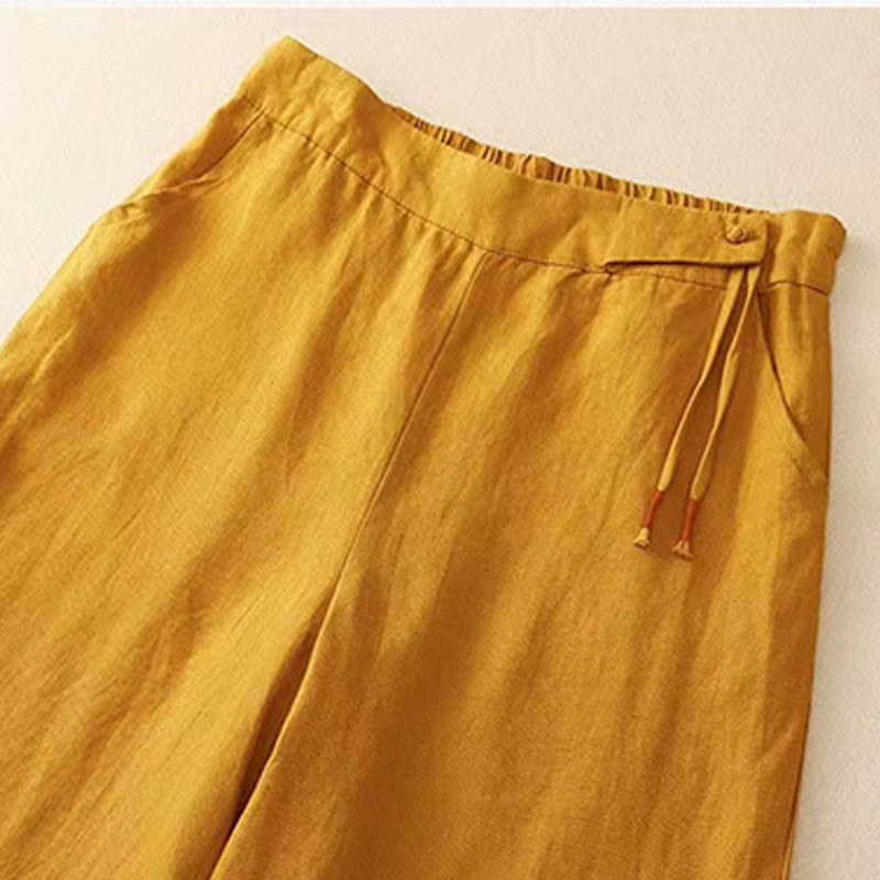 Casual Solid Color One Button Cotton Linen Women's Wide Leg Pants With Pockets