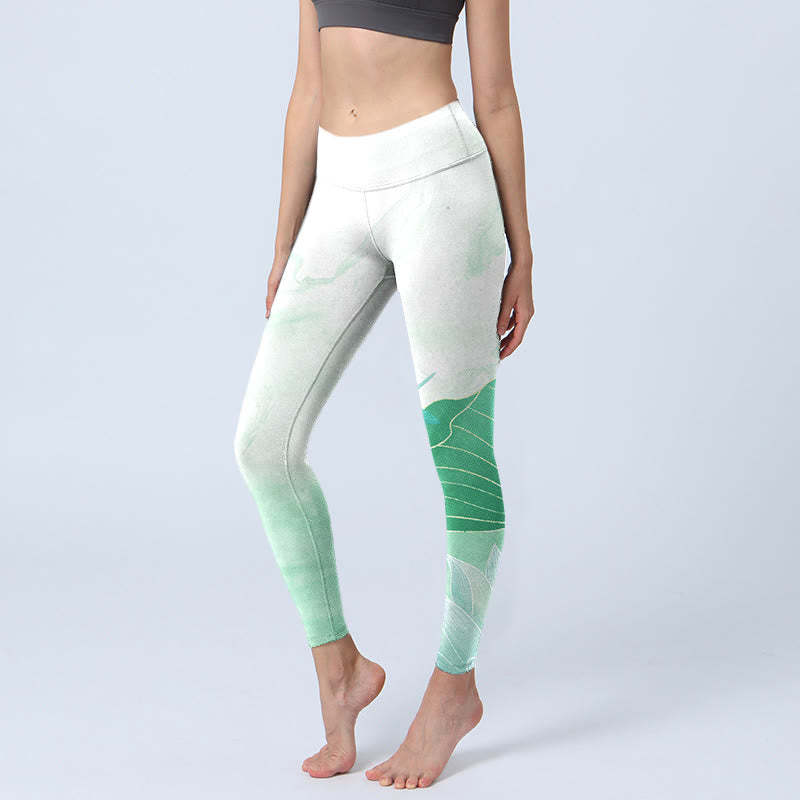 Mint Green Lotus Leaf Dragonfly Print Exercise Leggings Women's Yoga Pants