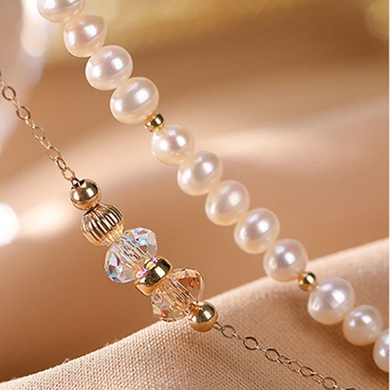 925 Sterling Silver 14K Gold Plated Natural Pearl Crystal Healing Double Layer Bracelet