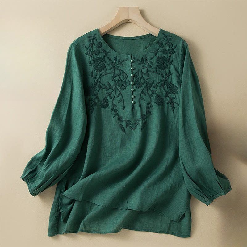 Casual Embroidery Flowers Leaves Women's Crew Neck Design Long Sleeve Cotton Linen Shirt