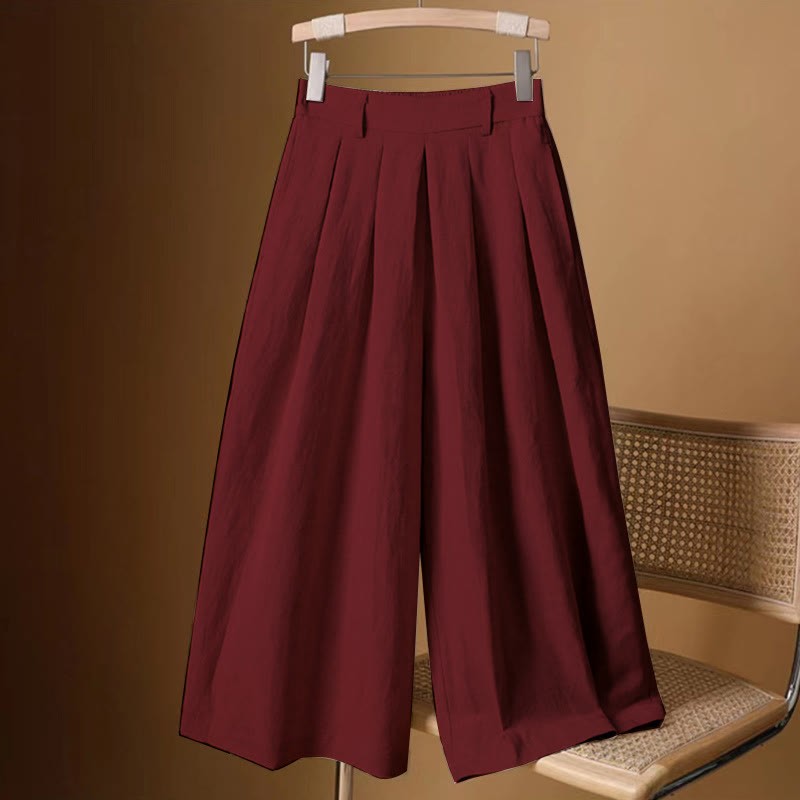 Summer Casual Pure Color 7-8 Length Cotton Linen Women's Wide Leg Pants