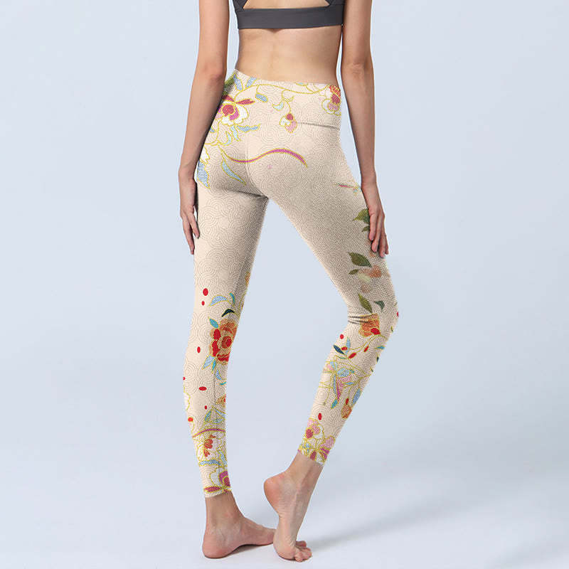Apricot Butterfly Peony Flowers Leaves Print Gym Leggings Women's Yoga Pants
