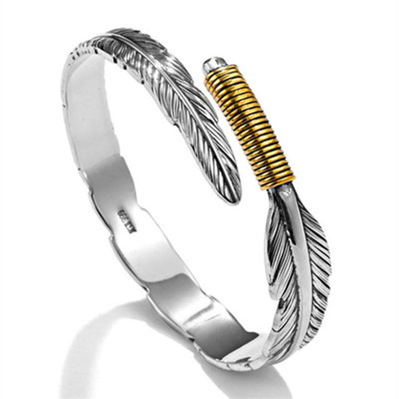 Feather Pattern Engraved Luck Cuff Bracelet Bangle