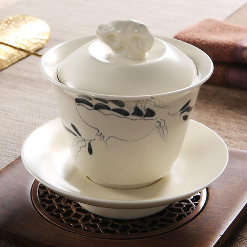 Hand Painted Pomegranate Hibiscus Pine Lotus Ceramic Gaiwan Sancai Teacup Kung Fu Tea Cup And Saucer With Lid