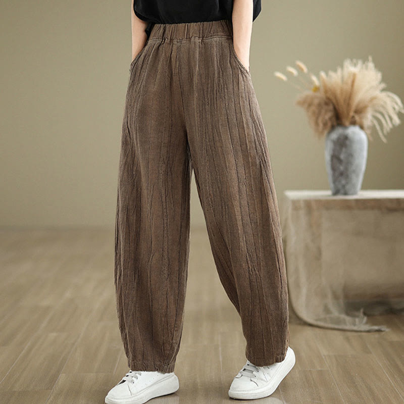 Plain Color Wrinkled Design Elastic Waistband Cotton Linen Women's Pants With Pockets