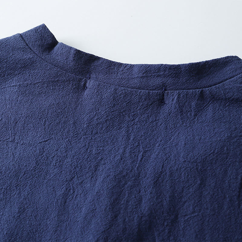Loose Men's T-shirt Solid Color Top Short Sleeve Button Notched Neck Soft Cotton Linen Shirt