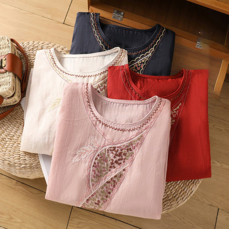 Ethnic Embroidery Crew Neck Cotton Linen Pullover Clothing