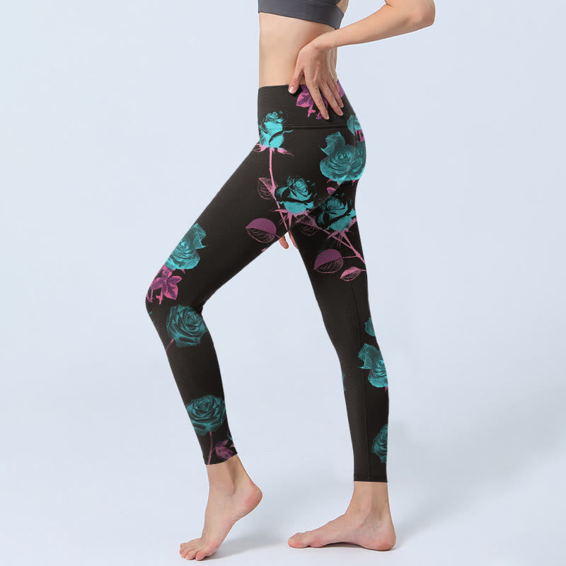 Black Rose Leaves Pattern Print Gym Leggings Women's Yoga Pants
