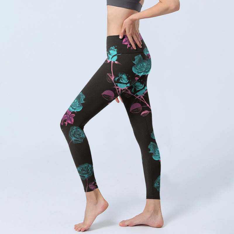 Black Rose Leaves Pattern Print Gym Leggings Women's Yoga Pants