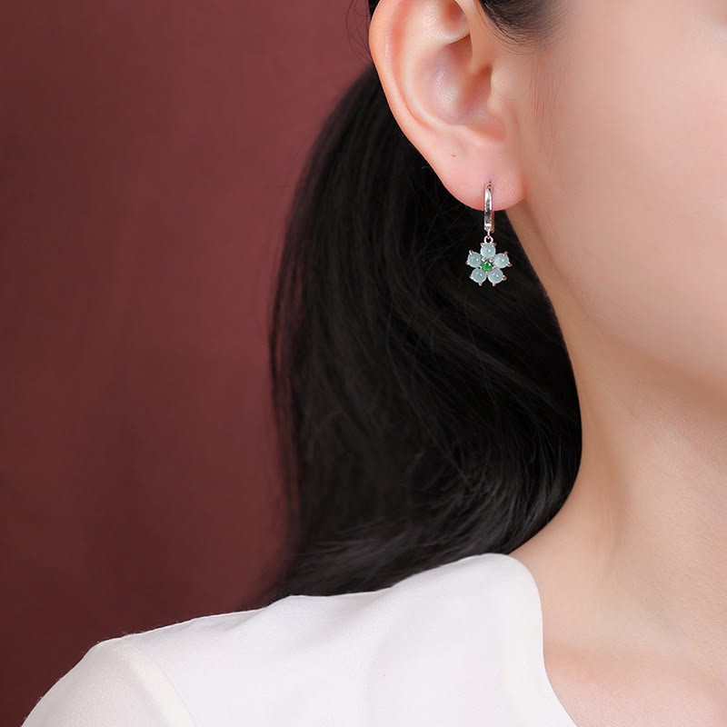 925 Sterling Silver Plated Gold Green Jade Flower Design Luck Prosperity Earrings