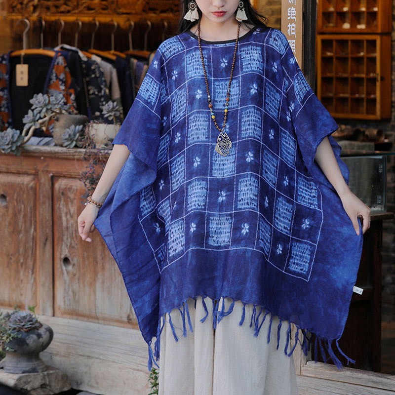 Blue Color Block Plaid Shawl Tassels Soft Pullover 90*95cm