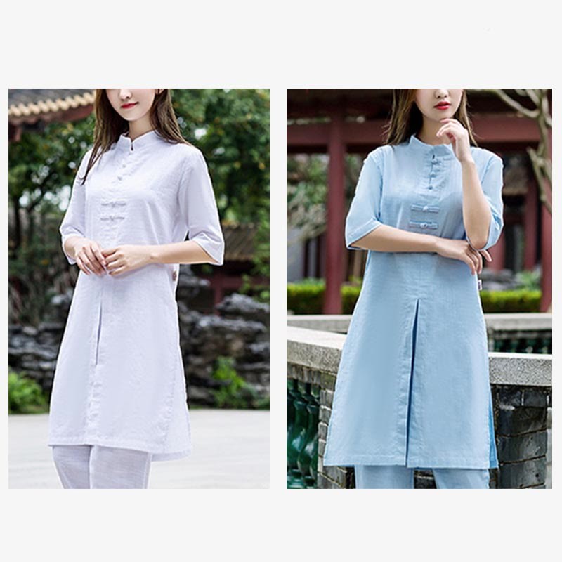 2Pcs Half Sleeve Shirt Top Pants Meditation Zen Tai Chi Linen Clothing Women's Set