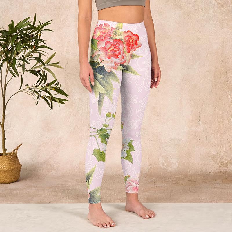 Hibiscus Flowers And Leaves Print Gym Leggings Women's Yoga Pants
