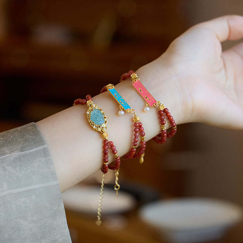 925 Sterling Silver Plated Gold Natural Red Agate Lotus Jade Calm Double Layer Bracelet