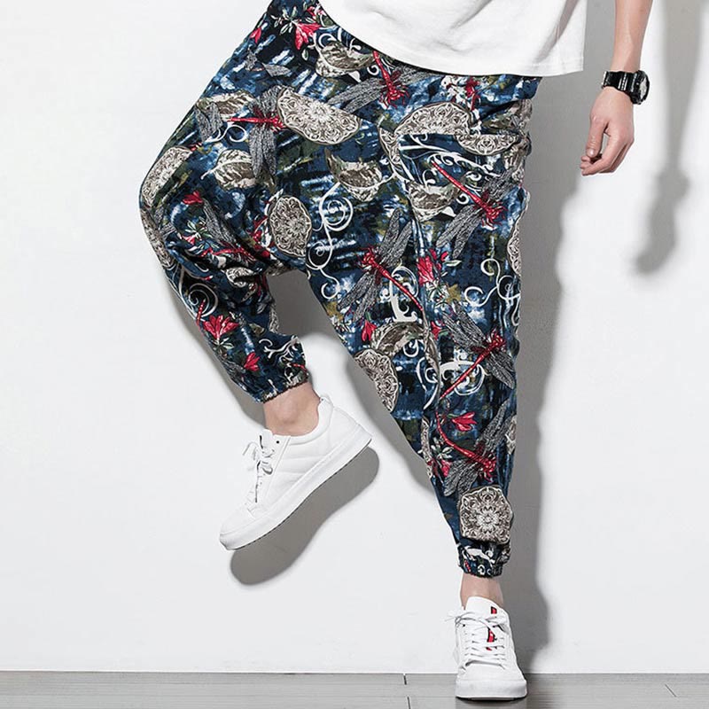 Red Dragonfly Dandelion Print Cotton Men's Harem Pants With Pockets
