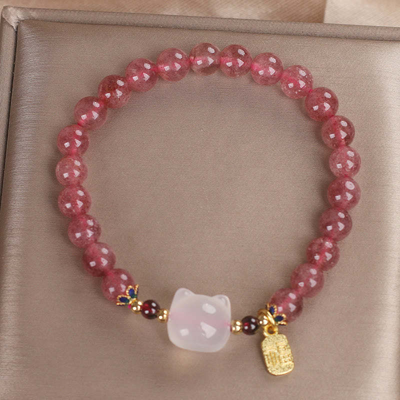 Love and Healing Strawberry Quartz White Jade Cat Fu Character Bracelet