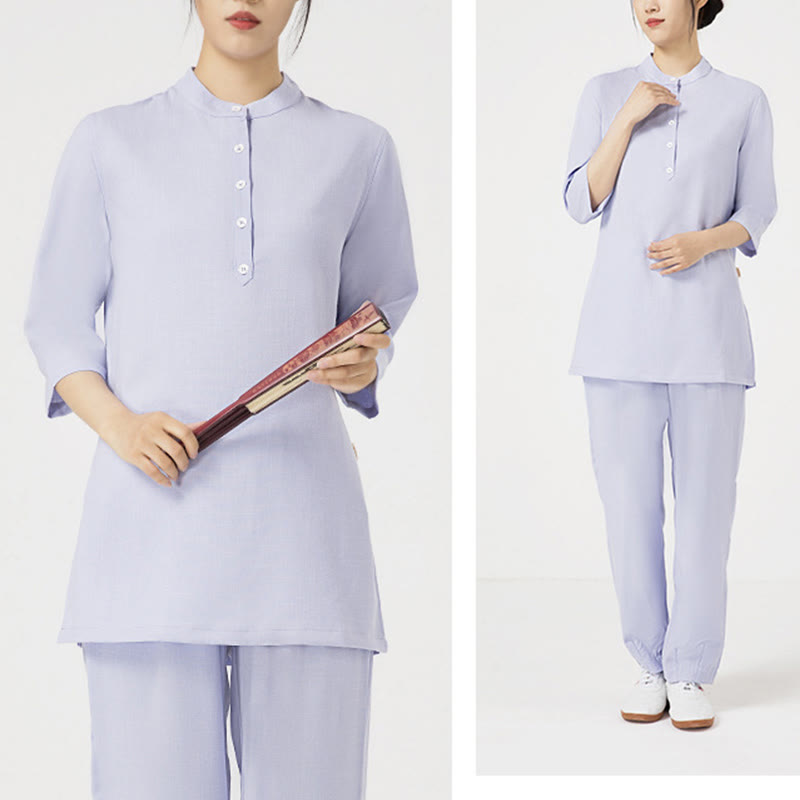 2Pcs Solid Color Three Quarter Shirt Top Pants Meditation Zen Tai Chi Cotton Linen Clothing Women's Set
