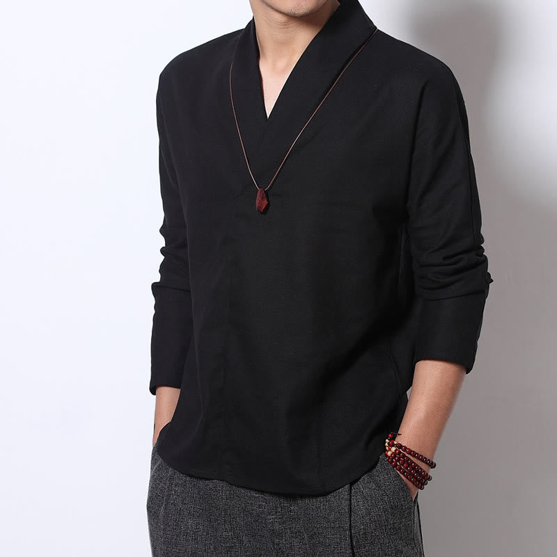 Casual V-Neck Long Sleeve Shirt Linen Men Clothing