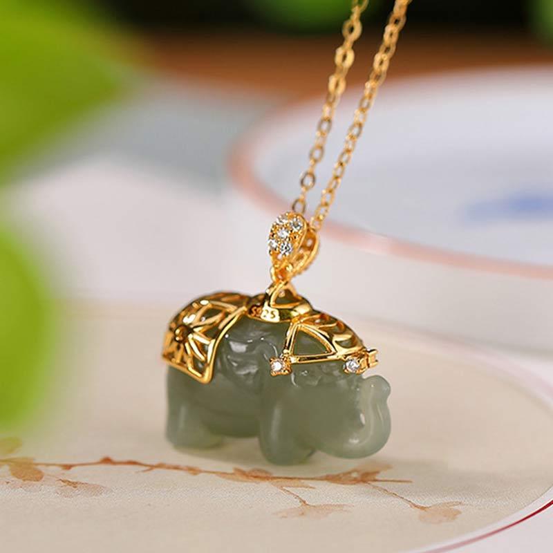 925 Sterling Silver Jade Elephant Blessing Fortune Necklace Chain Pendant