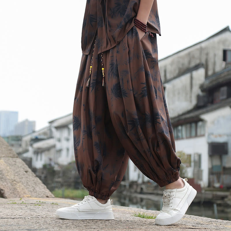 Bamboo Leaves Pattern Loose Men's Harem Pants With Pockets