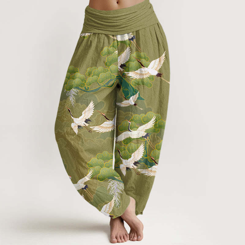Crane Pine Tree Totem Pattern Women's Elastic Waist Harem Pants