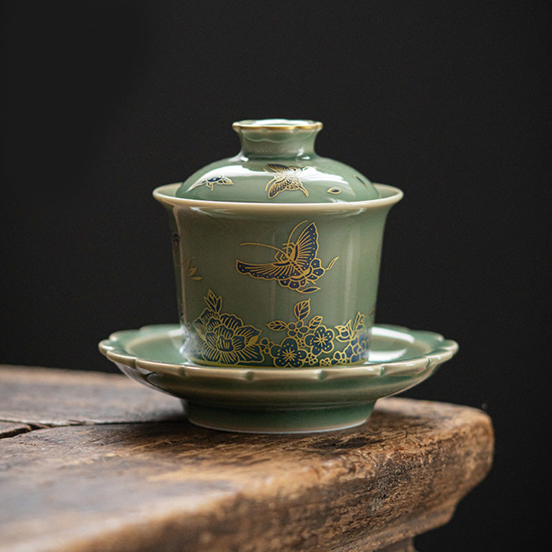 Green Porcelain Butterfly Flower Salmon Fish Ceramic Gaiwan Sancai Teacup Kung Fu Tea Cup And Saucer With Lid