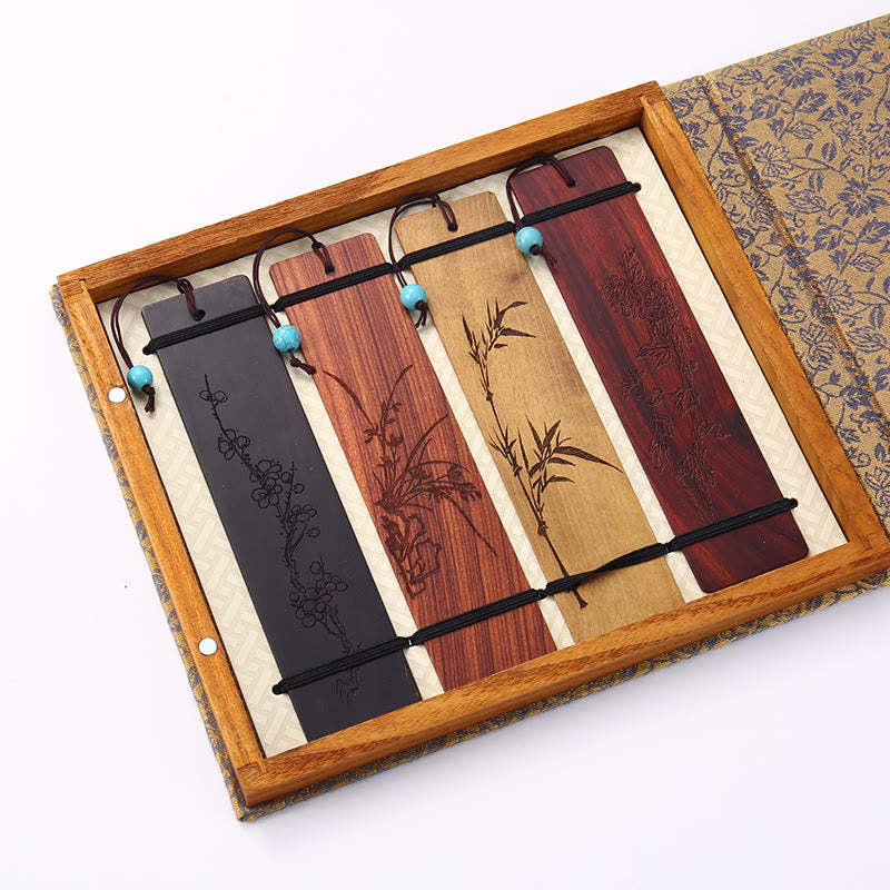 4Pcs Four Seasons Plum Orchid Bamboo Chrysanthemum Peking Opera Mask Wood Bookmarks With Gift Box