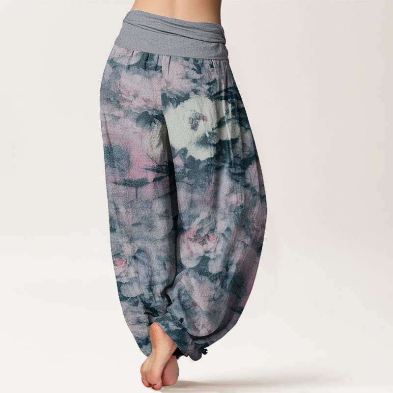 Casual Elegant Peony Flowers Women's Elastic Waist Harem Pants