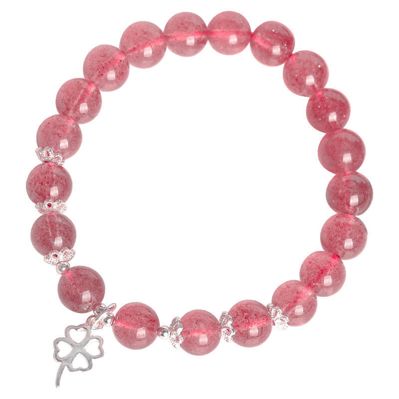 925 Sterling Silver Strawberry Quartz Four Leaf Clover Love Bracelet