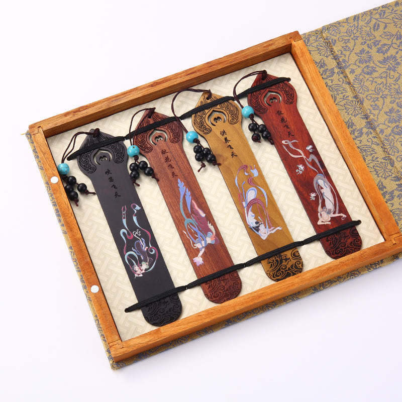 4Pcs Four Seasons Plum Orchid Bamboo Chrysanthemum Peking Opera Mask Wood Bookmarks With Gift Box