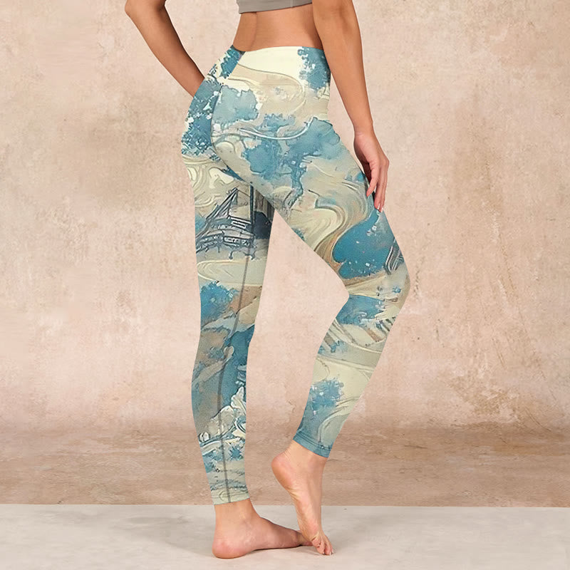 Chinese Architecture Dark Sea Green Print Fitness Leggings Women's Yoga Pants